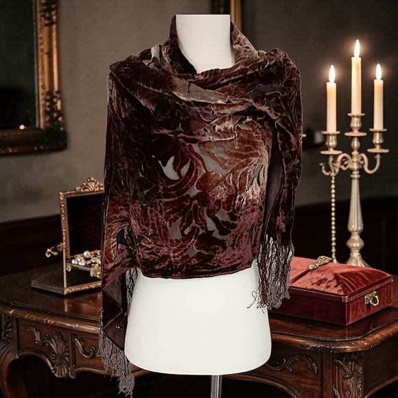 Vtg Silk Velvet Burnout Piano Shawl Scarf Brown Ombre Bohemian Witchy Victorian - Picture 16 of 16